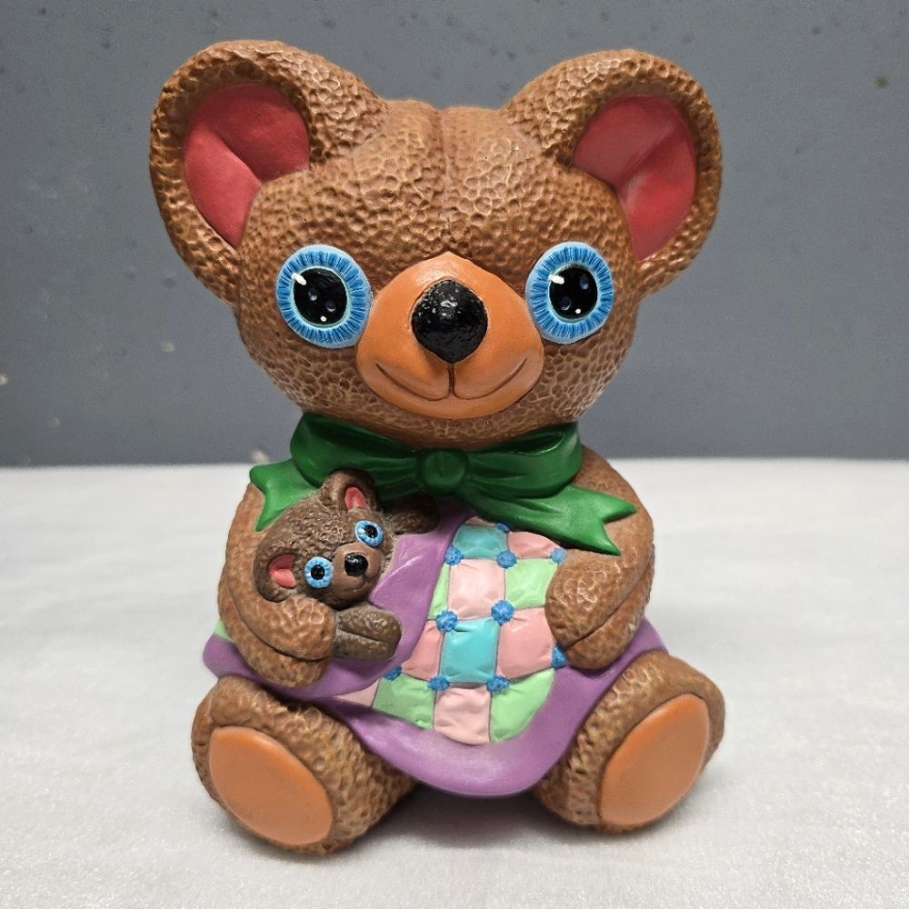 Pottery Teddy Bear With Baby Bear Figurine Nursery Baby Room Decor Vintage 80s